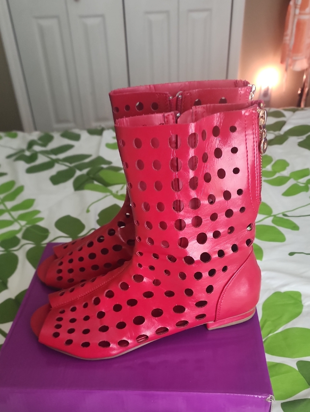 Women's Bright Red Perforated Mid-Calf Boots Sandle